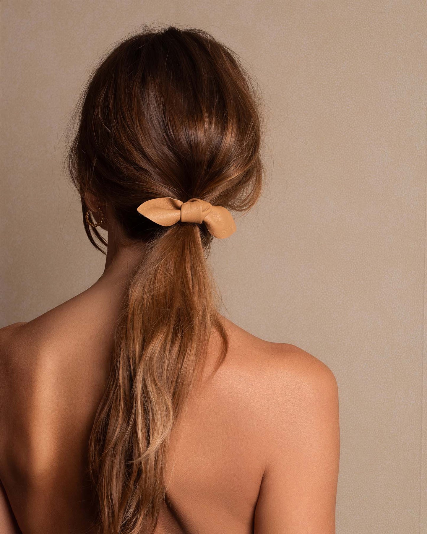 Leather Bow Big Hair Tie Camel