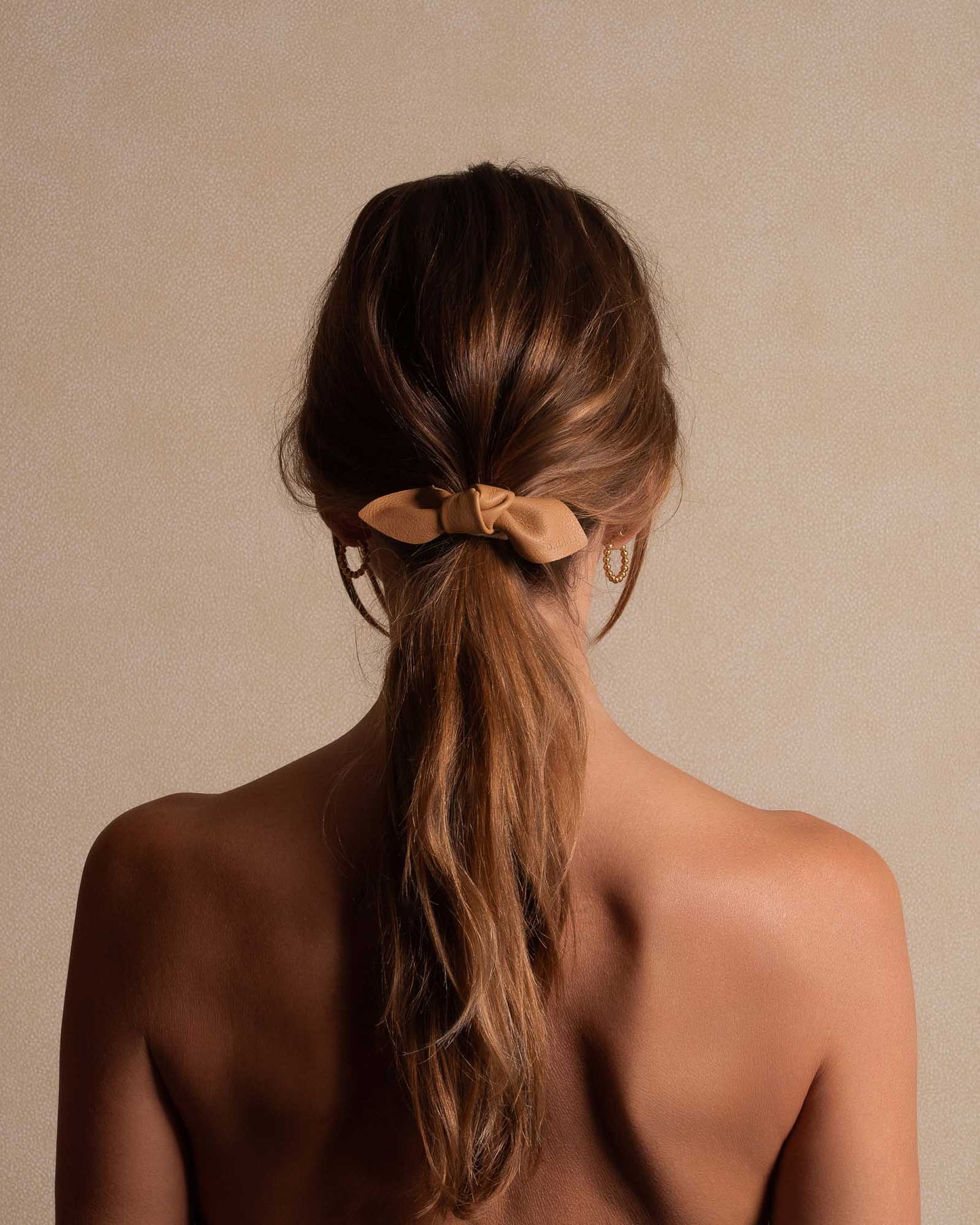 Leather Bow Big Hair Tie Camel