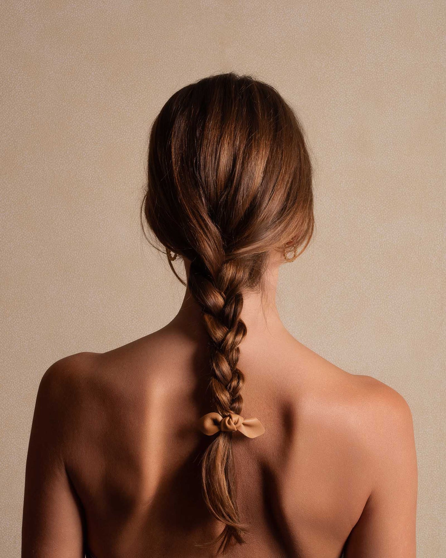 Leather Bow Small Hair Tie Camel