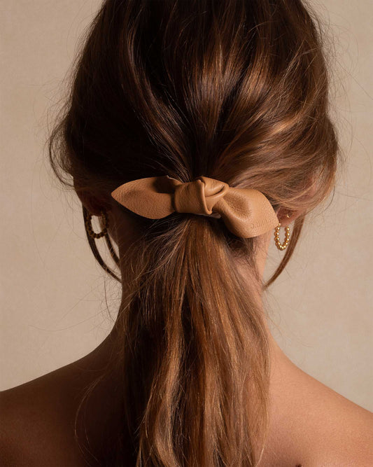 Leather Bow Big Hair Tie Camel